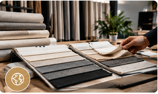 Window treatment fabric samples and swatch books being reviewed for custom blinds, shades and drapery.