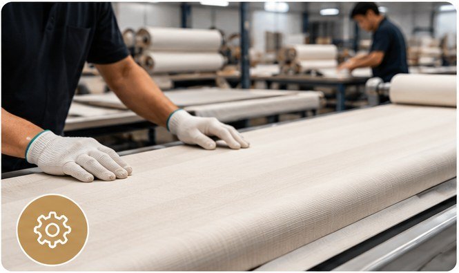 Custom window shade fabric being prepared and manufactured to project specifications.