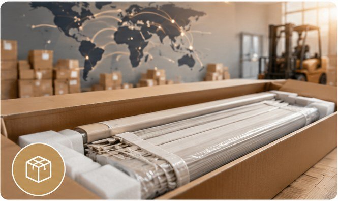 Custom blinds and window treatments packaged for quality inspection and delivery.